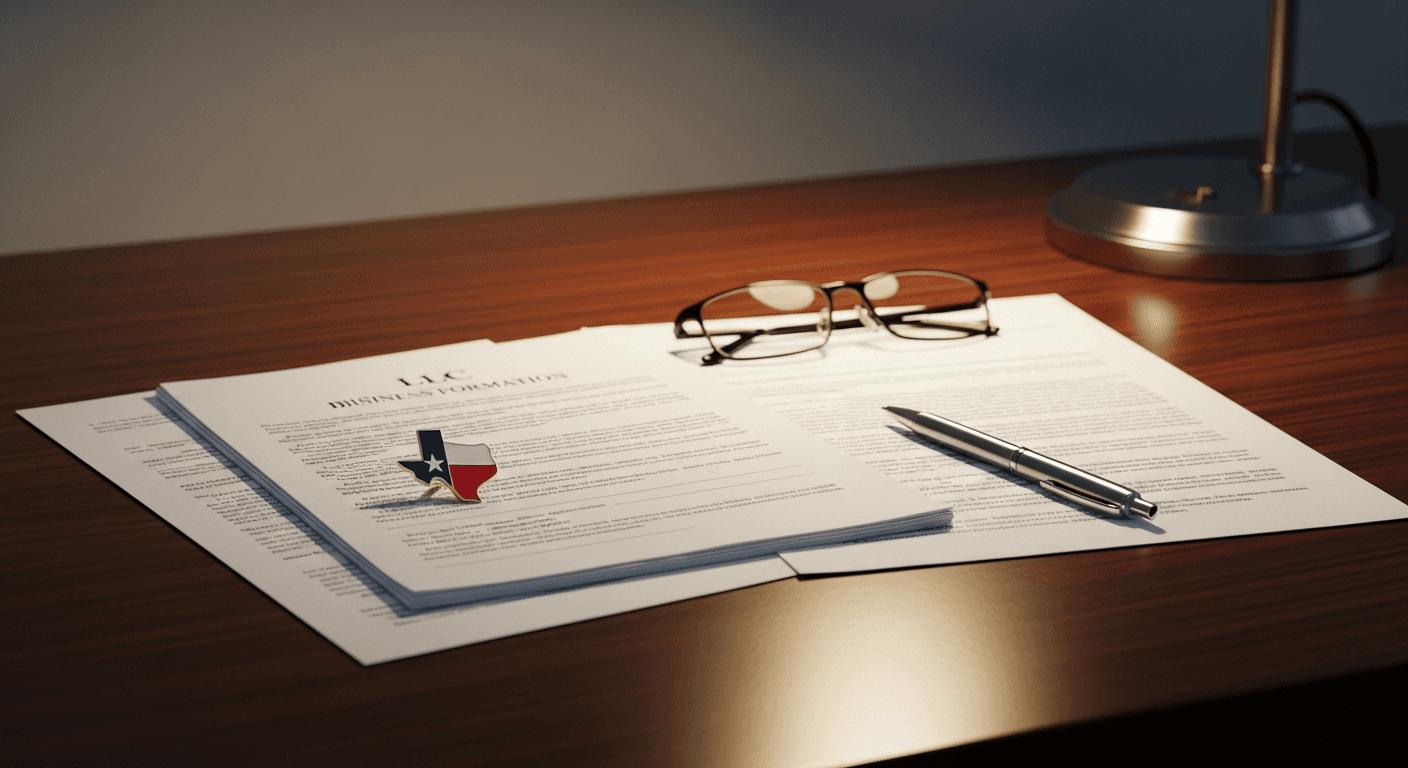 LLC business formation documents on a polished desk with a Texas state flag pin