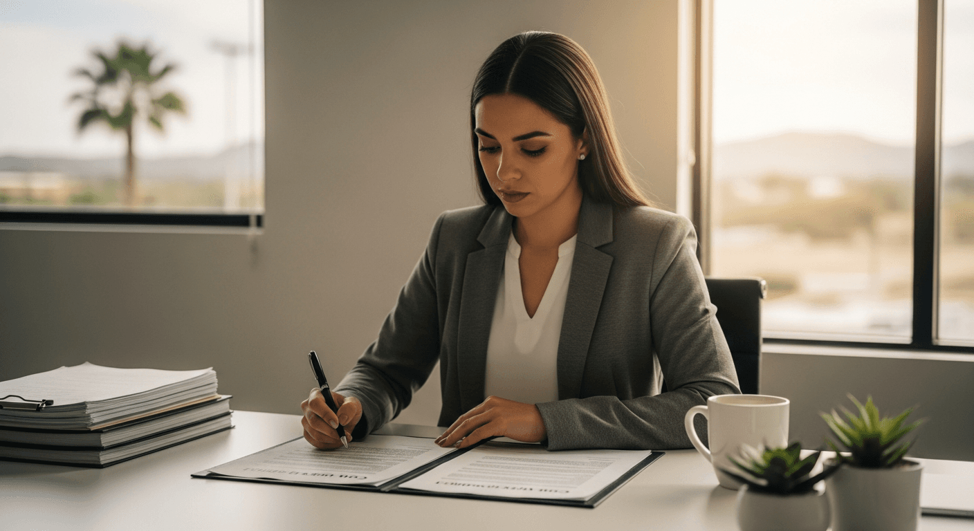 Texas small business owner reviewing legal contracts at a modern office desk